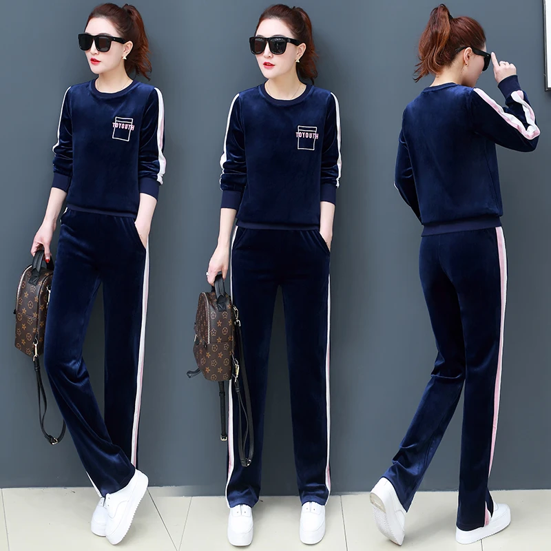 Бархатный спортивный костюм для женщин 2019 зимний женский с вышивкой буквами Плюс