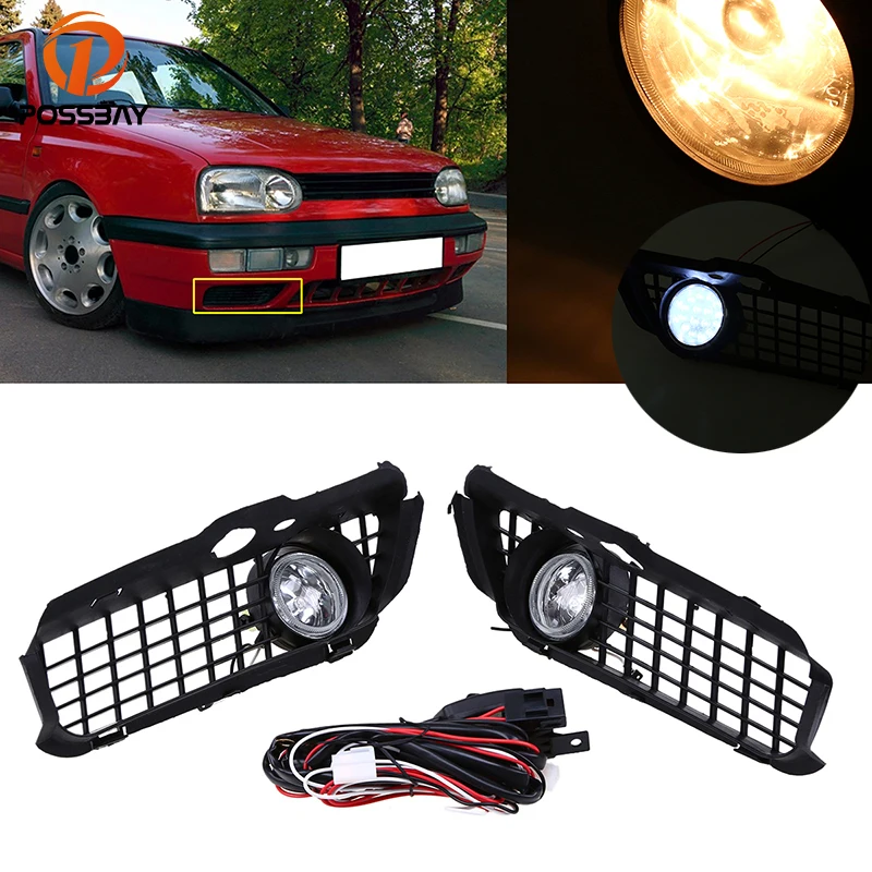 

POSSBAY Fog Lights Assembly LED/Halogen Car Bumper Lighting for VW Golf/Jetta Models Only 1993-1998 Foglight Hood Grill