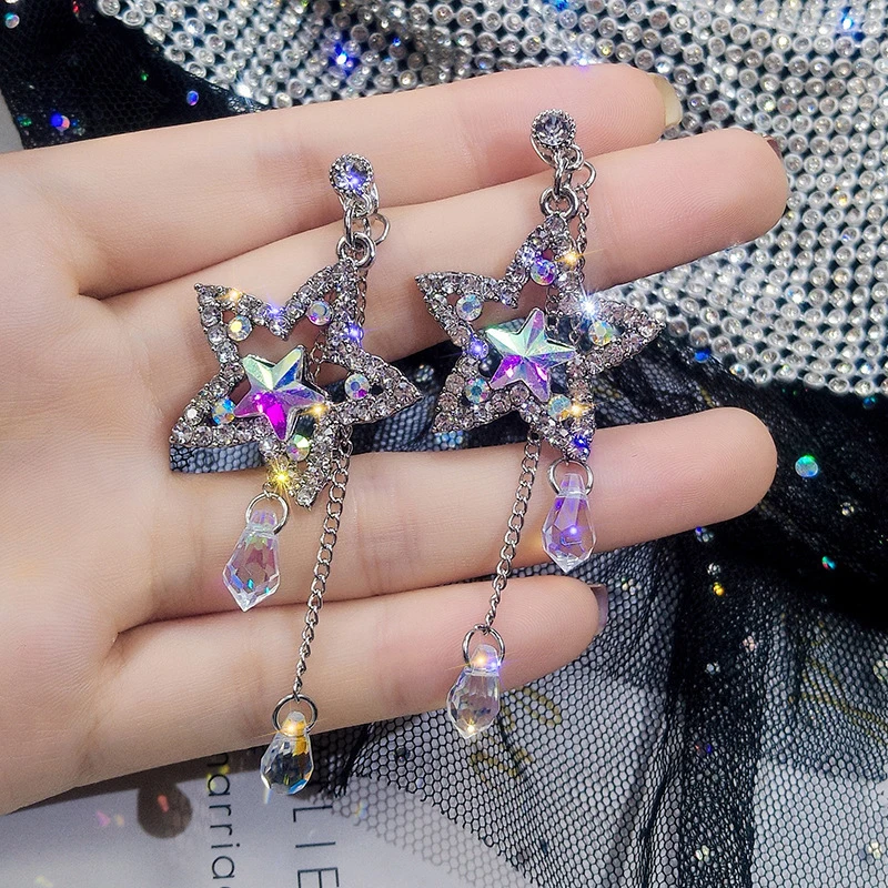

2020 Temperament Korean Tassel Earrings Big Star Crystal Long Earrings Fashion Jewelry Personality Wild For Women S925