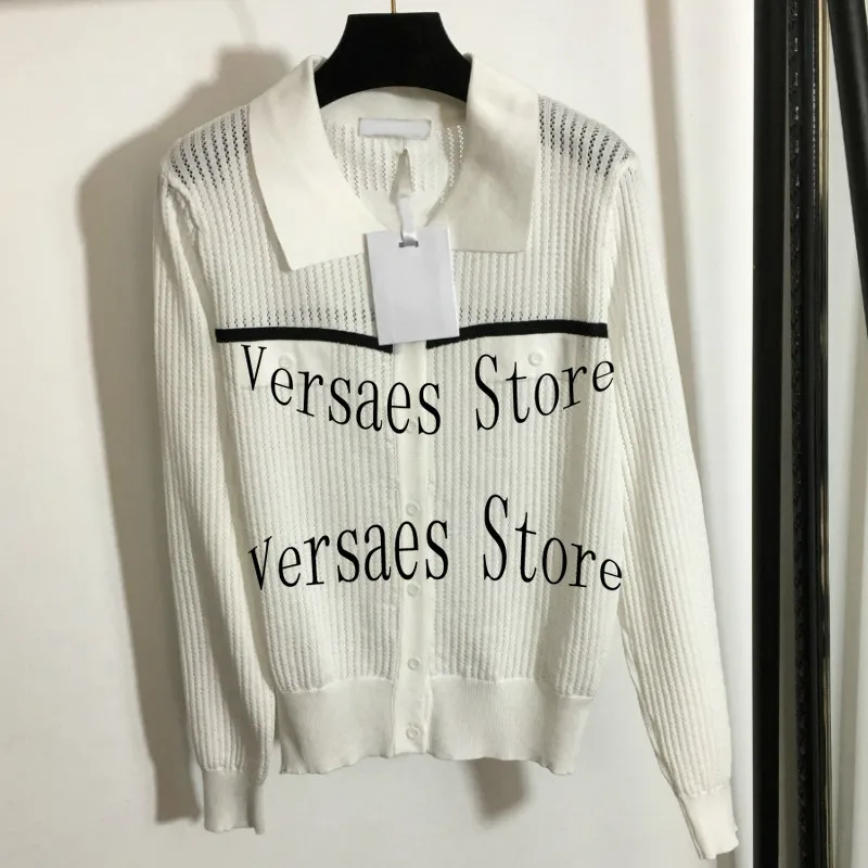 

luxury brand embroidery letter printing fashion women's top temperament Lapel versatile hollow out long sleeve knitted cardigan