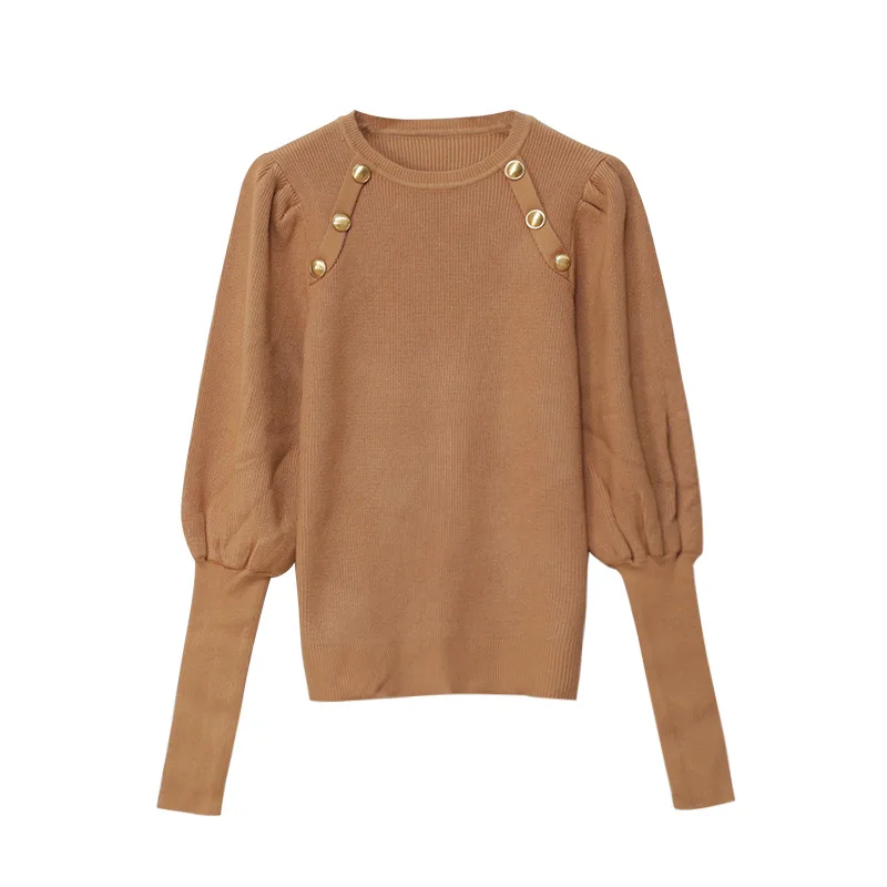 

Женский вязаный свитер, элегантный белый пуловер с круглым вырезом, весенний свитер с рукавами-фонариками, уличная одежда