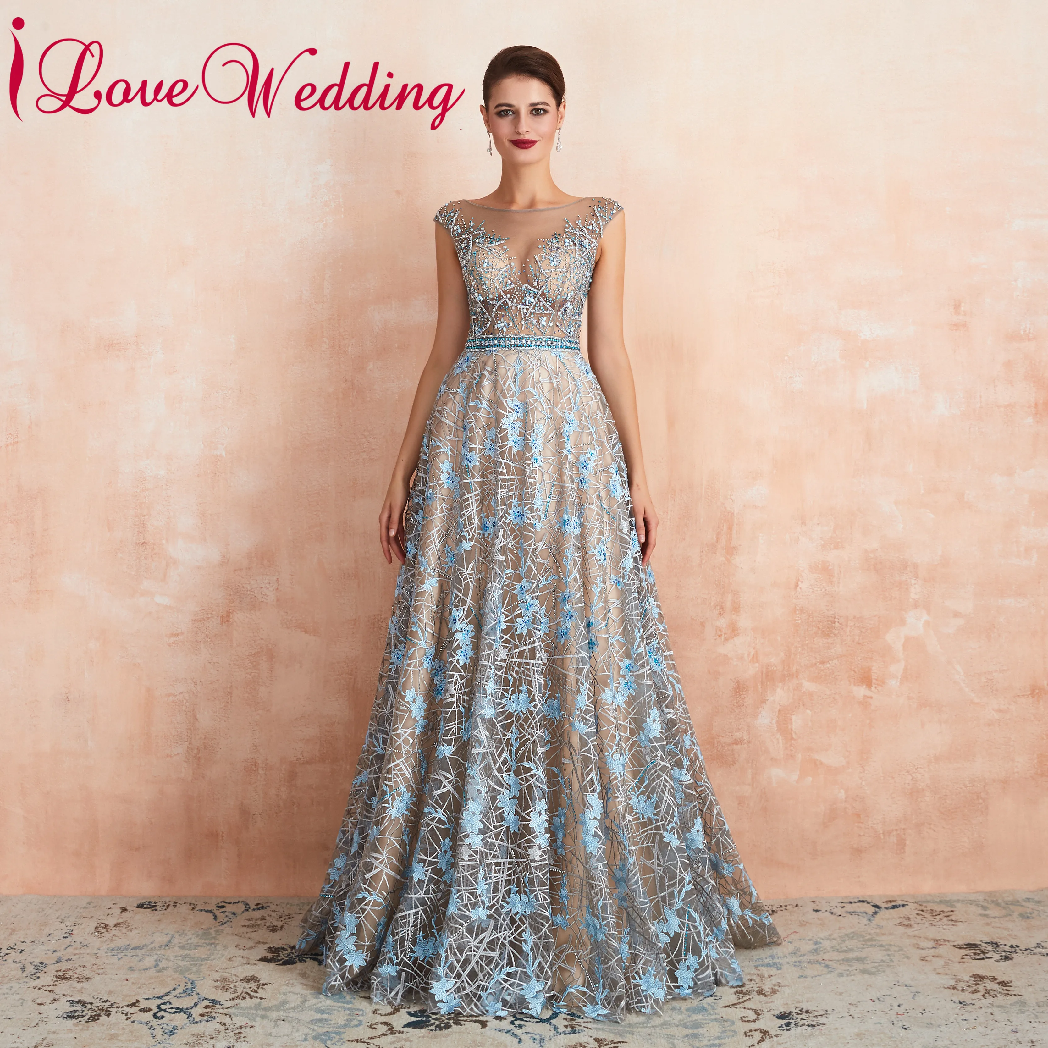 ILoveWedding длинное платье ТРАПЕЦИЕВИДНОЕ кружевное торжественное с кристаллами и