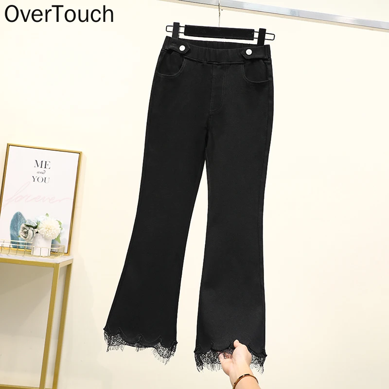 

Женские брюки-клеш размера плюс с высокой талией, кружевные женские эластичные брюки-слаксы, однотонные модные брюки оверсайз 2021, брюки 5XL