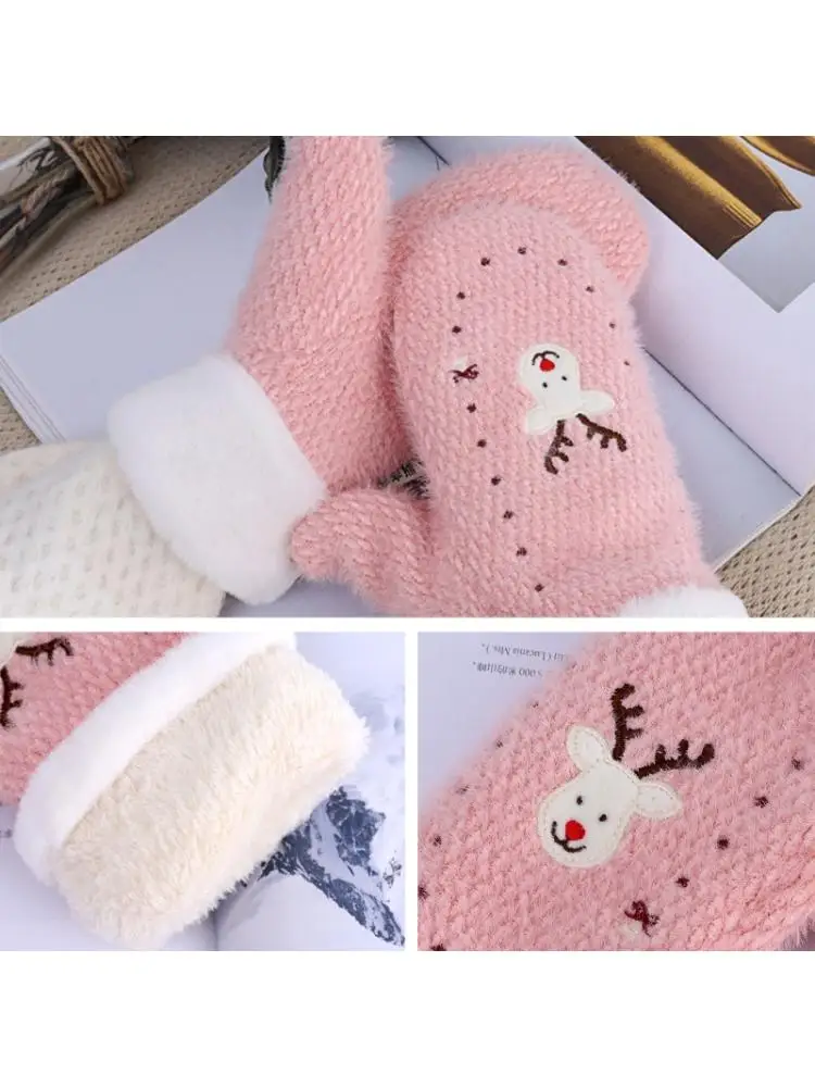 

Women Winter Christmas Knit Full Finger Gloves Elk Embroidery Plush Lined Mitten
