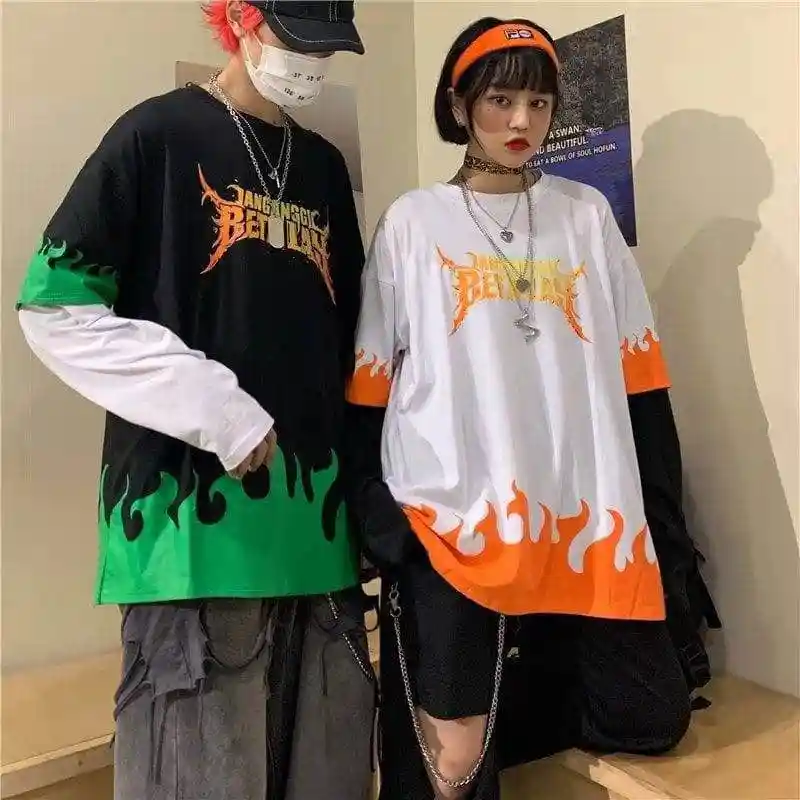 NiceMix Harajuku/футболка с принтом тыквы и буквами; Поддельные 2 штуки; Лоскутная Повседневная футболка с длинными рукавами; женская и Мужская Уличная одежда; топы