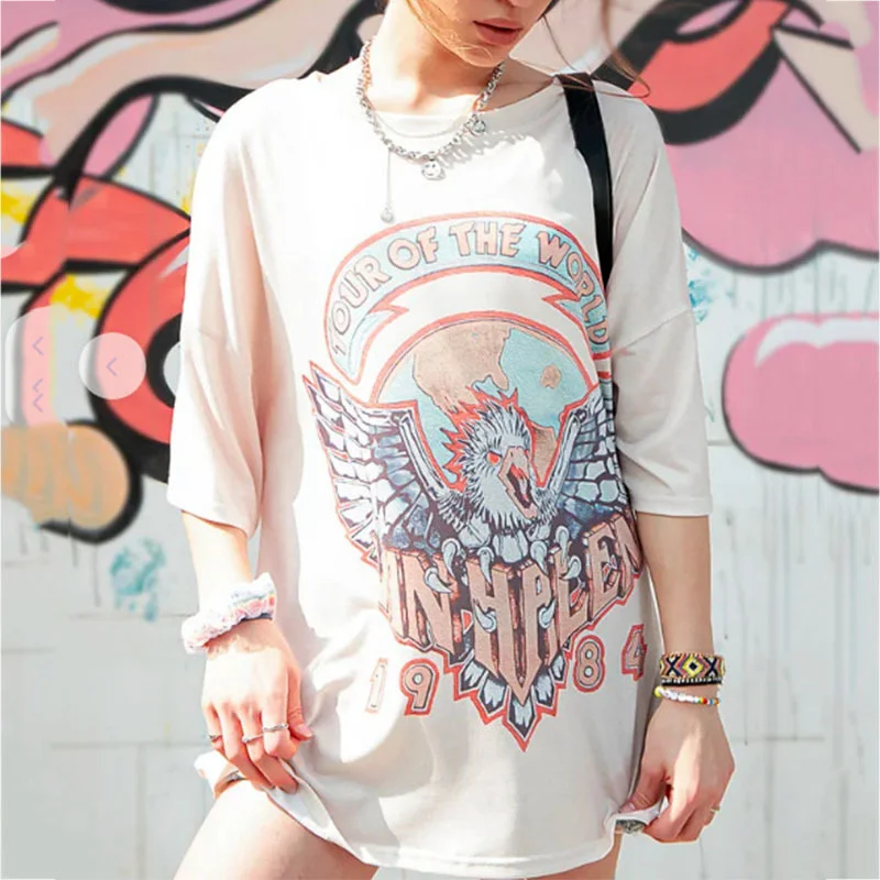 

Eagle Graphic Tee Print Vintage Woman Tshirts 2021 Summer Loose Short Sleeve Oversize T Shirt Casual Streetwear Pullover Top New