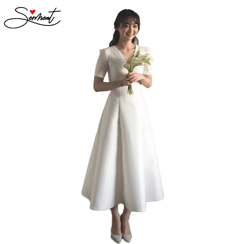 

Простой сатин с коротким рукавом v-образным вырезом Свадебное платье длиной до щиколотки на шнуровке японский и корейский Тонкий Стиль свад...