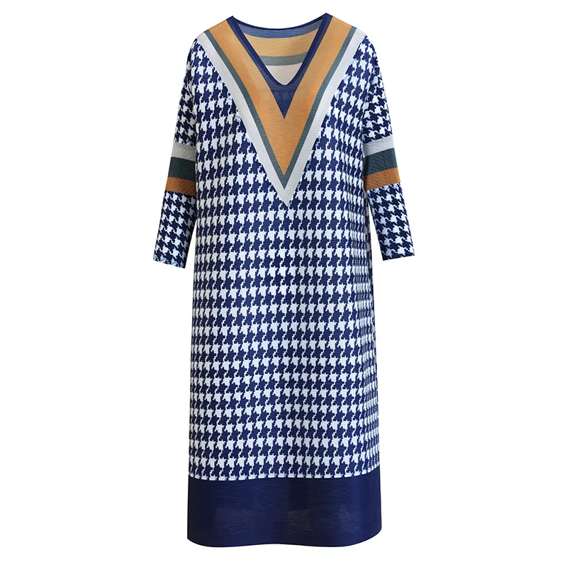

TVVOVVIN Stylish Print Pleated A-line Dress 2021 Spring New V-neck Three Quarter Sleeve Knee-length Dress E3RM