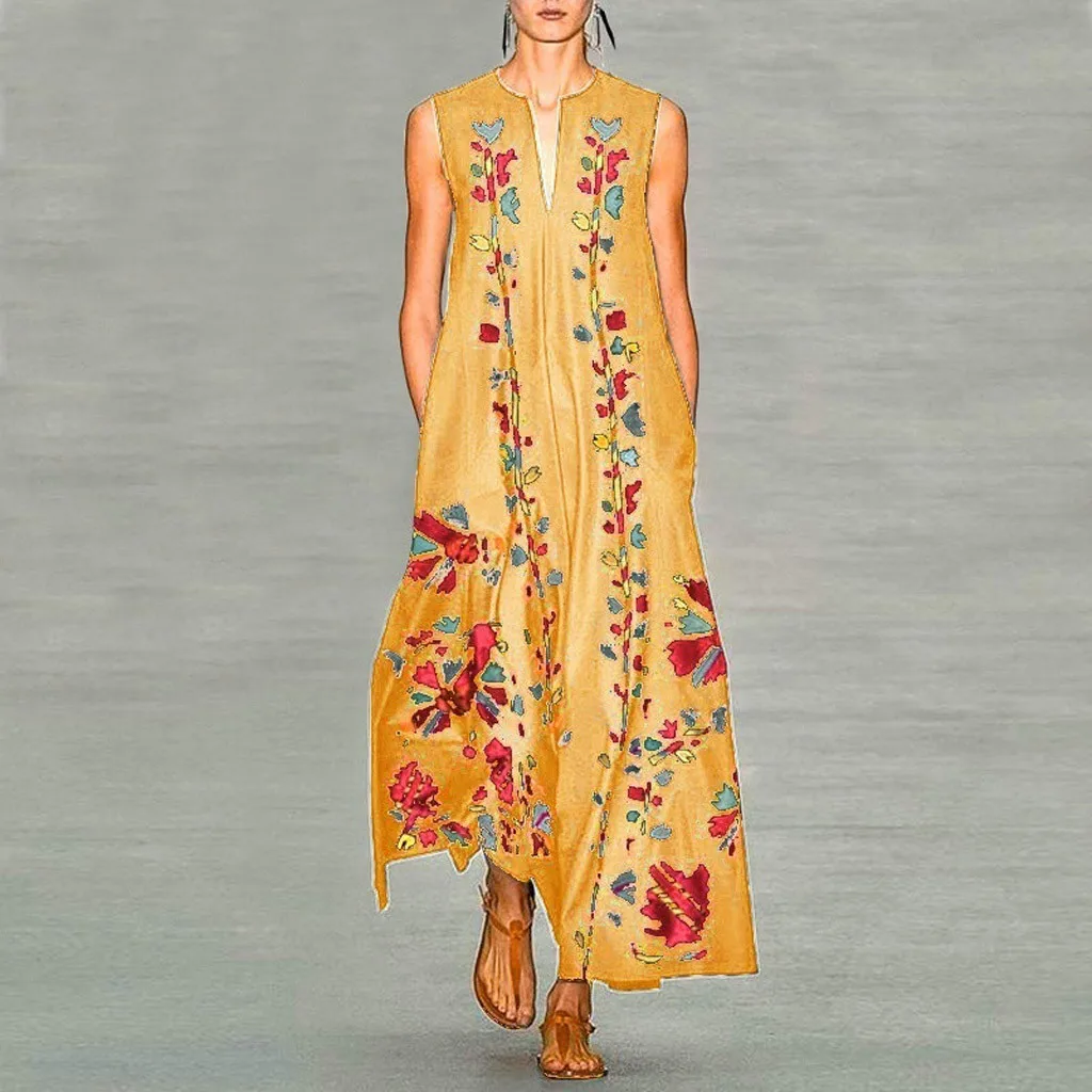 

2021 Women Plus Size Dress Vintage Daily Casual Sleeveless Printed Floral V-neck Maxi Dress High Quality Comfy Elegant Dresses