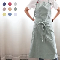 japanese apron solid color cotton small fresh with pockets adjustable home daily kitchen florist work clothes