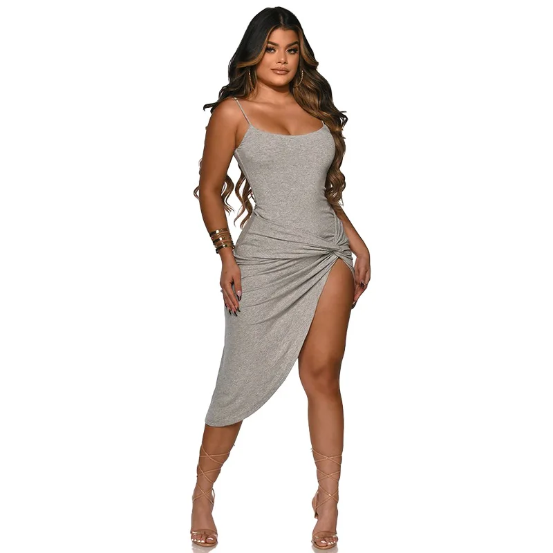 

MO&MO - 2021 summer new popular dress pleated hot sale solid color split nightclub skirt dress for women