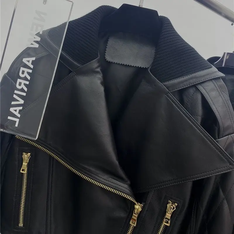 2022 Autumn Zipper Motorcycle Sheepskin Jacket Women Double Breasted Belt Gold-Button Casual Biker-Coat Outwear Chic