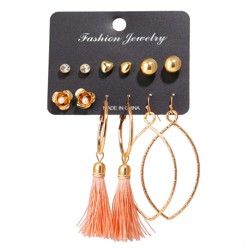 17KM Vintage Moon Pearl Stud Earrings Set For Women BOHO Tassel Geometric Heart Twist Earring New DIY Bohemian Jewelry - Окраска металла: CS1099