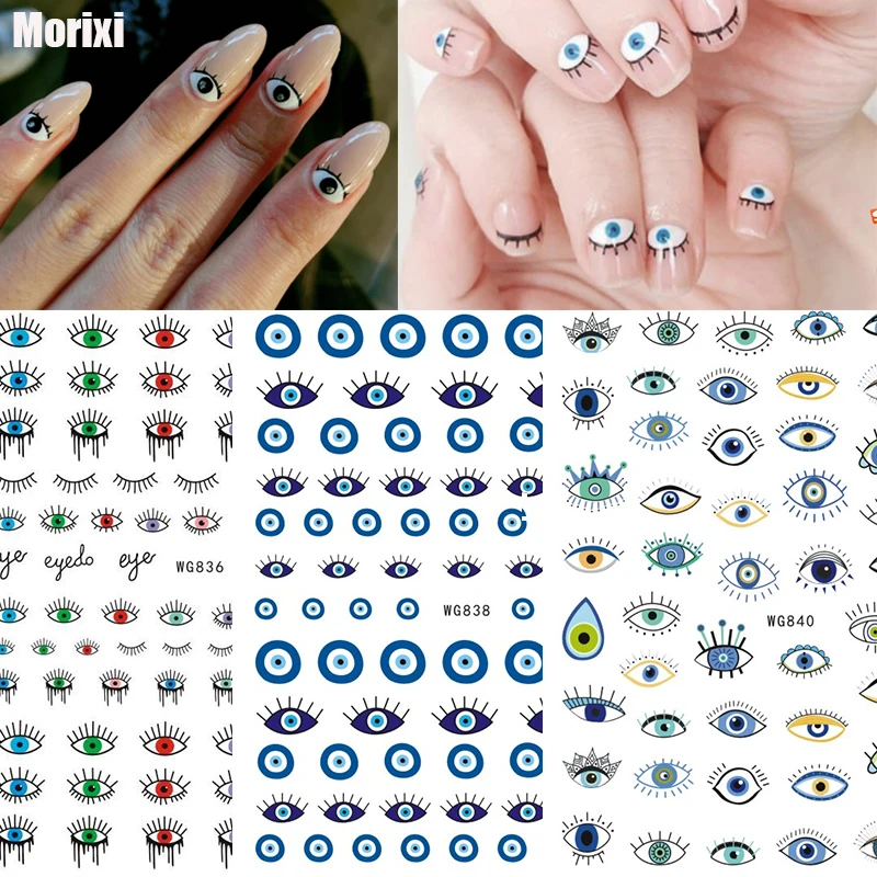 

Fashion nail art sticker geometric eyes blue black rainbow colors nail tips decoration ultra thin slider nail decal WG109