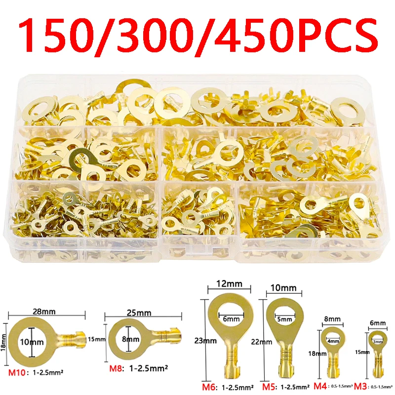 

150/300/450PCS M3/M4/M5/M6/M8/M10 Ring Lugs Eyes Copper Crimp Terminals Cable Lug Wire Connector Non-insulated Assortment Kit