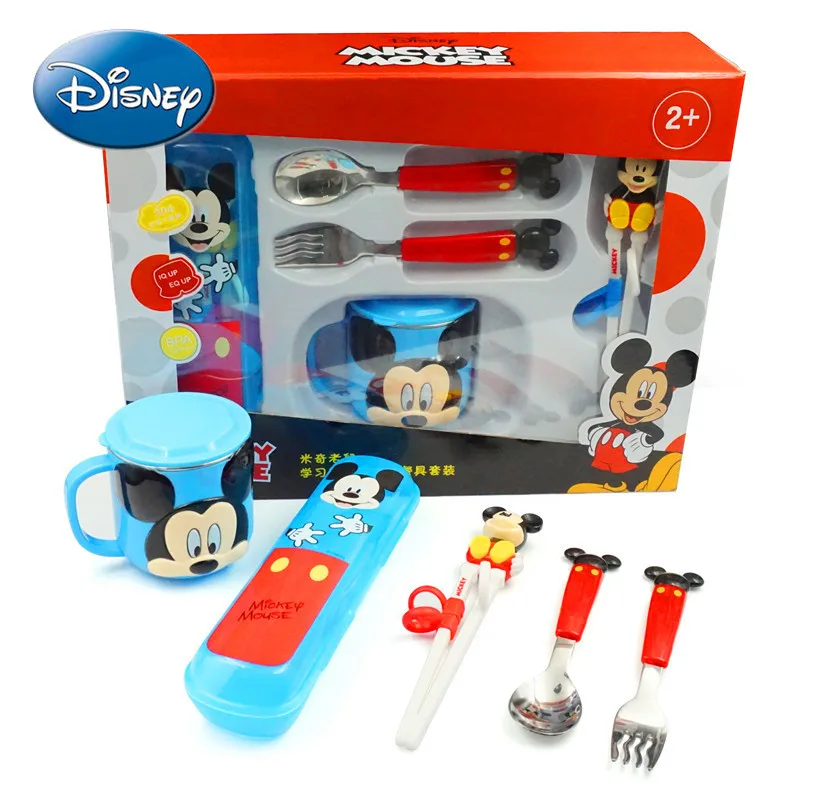 Original Disney Children's Cutlery Set Children's Training Chopsticks Mickey Minnie Stainless Steel Spoon Fork Cup Cutlery Set