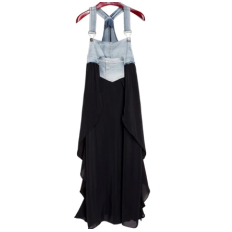 2022 Summer New Elegant Women's Dress Loose Denim Patchwork Chiffon Overalls Sexy Suspender Dress Spaghetti Strap Robe KE903
