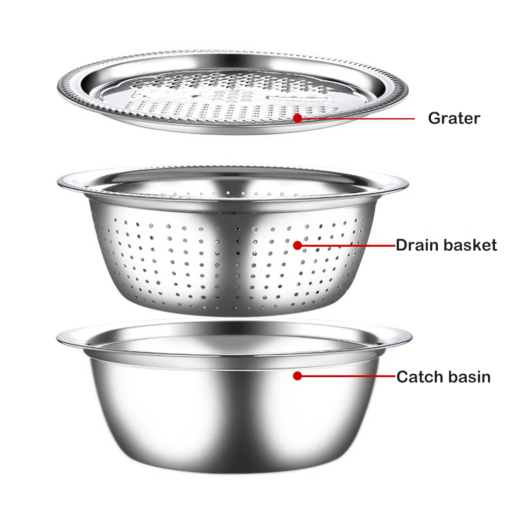 

3 In1 Vegetable Cutter Stainless Steel Basin Drain Basket Kitchen Accessories Multifunctional Kitchen Julienne Grater Tool