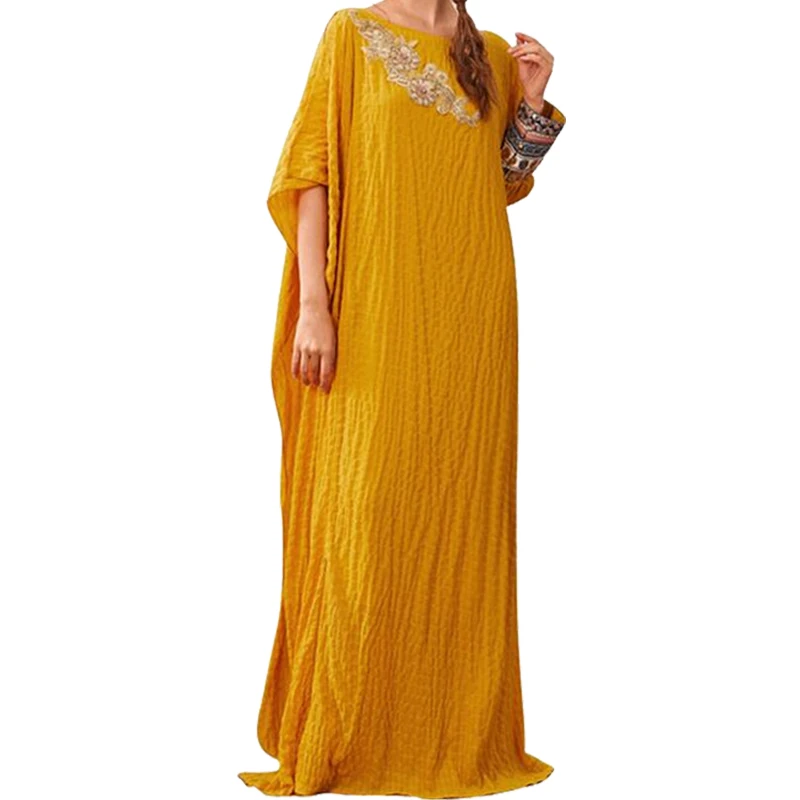 

Bohemia Women Loose Casual Kaftan Long Dress Ethnic Muslim Summer Embroidery Arabic Abaya Full Length Middle East Islamic Turkey