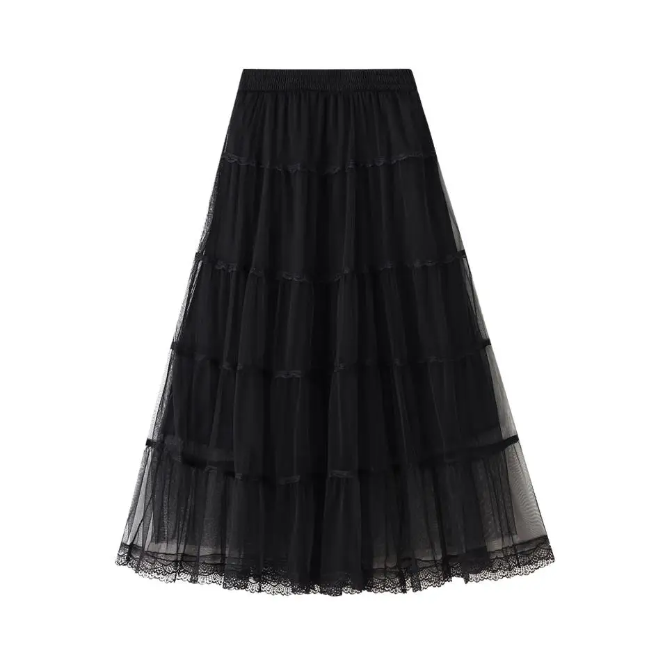 

Женская плиссированная юбка средней длины, Однотонная юбка из сетчатой ткани с высокой талией и прострочкой в Корейском стиле