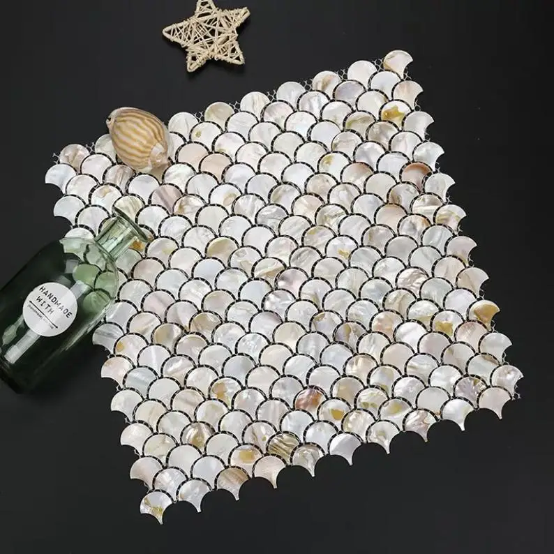 

2mm Thickness Fish Scale Shell Mosaic Tile Yellow White Mother of Pearl Mosaic Wall Backsplash Bathroom Tile MOP19102