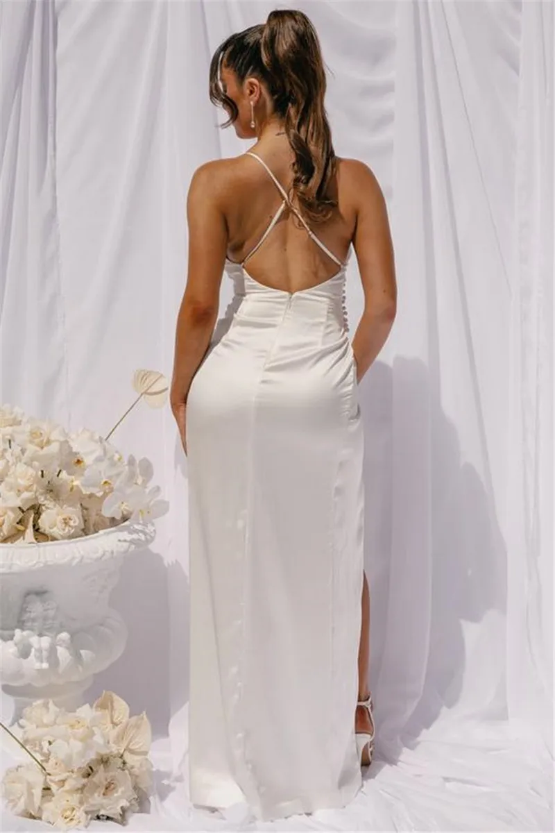 

Summer Women Sleeveless Spaghetti Strap Long Dress Sexy V Neck Backless Side Split Ruched Irregular Dress Female Party Dresses