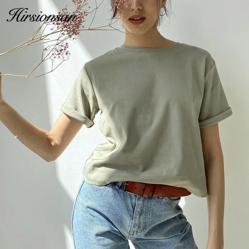

FAKUNTN Hirsionsan 100% Cotton Oversized T Shirt Women Harajuku Basic Loose Short Sleeve Tees Soft Female Solid Tops Khaki