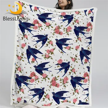 BlessLiving Spring Birds Sherpa Fleece Blanket Swallow Plush Bedspread Floral Bedding Pink Flower Blankets For Bed couverture 1