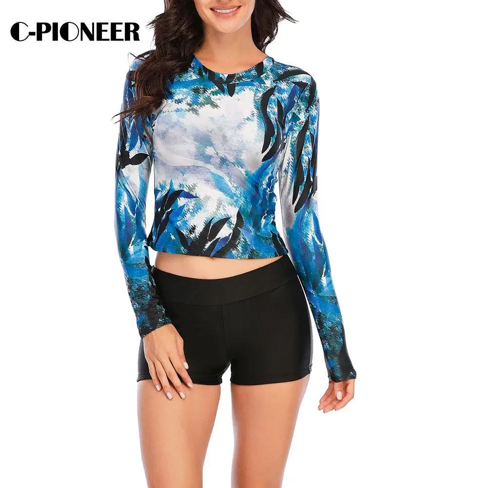 

2021 Sexy Print Bikini Long Sleeve Rashguard Sun Protection Bathing Swimsuit Printed Shirt Floral Suit K0U6