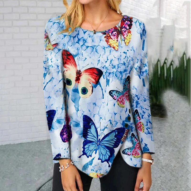 

2021 Autumn T-shirt Women Butterfly Print Irregular Tops Buttons Long Sleeve Solid Color Tee Shirts for Woman Oversized T-shirts