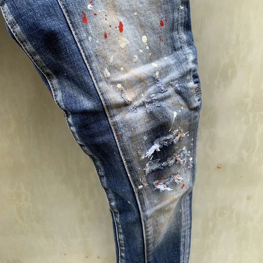 DSQUARED2 Men's/Women Fashion Stitching Three-Dimensional Cut Micro-Elastic Hole Patch Paint Distressed Stretch Jeans T95