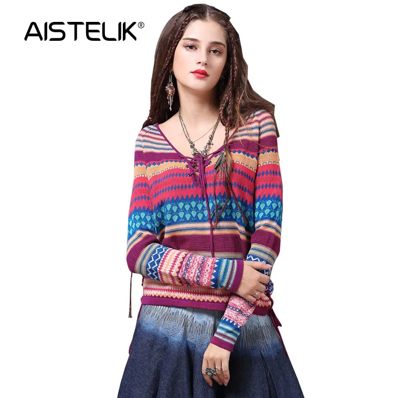 

AISTELIK 2020 brand women's autumn and winter wear new striped loose sweater retro rope long sleeve bottoming sweater