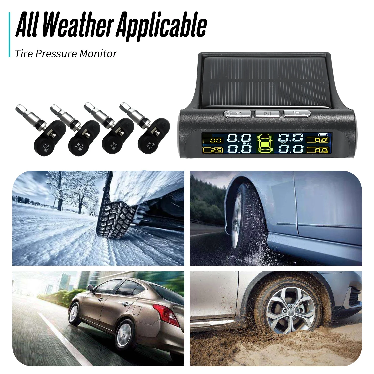 

TPMS Tire Pressure Monitoring System Solar Power Wireless Car Alarm System LCD Display with 4 Internal Sensors for Automobile