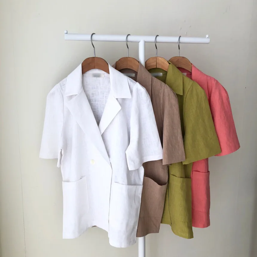 

Women Office Wear Suit Blazer Solid Casual Double Breasted Coat Jacket Short Sleeve Notched Collar Pockets Blazers