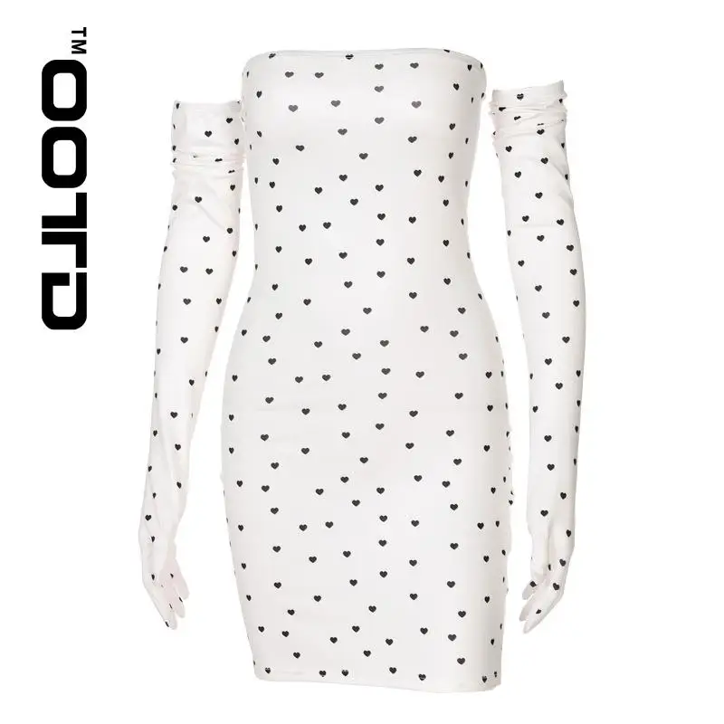 

2021 Summer Detonation Products Ladies Black Love Printed Sleeves Dress Sexy Black And White Wave Points Short Skirt OOTD