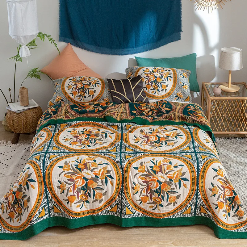 

100% Cotton Sofa Bed Throw Blanket Cover Summer Quilt Coverlet Breathable Floral Car Travel Blankets Plaid Bedspread On the Bed