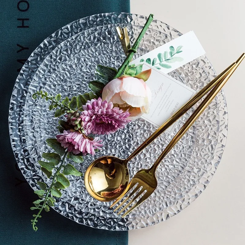 Круглая обеденная тарелка с ледяными трещинами в скандинавском стиле прозрачная