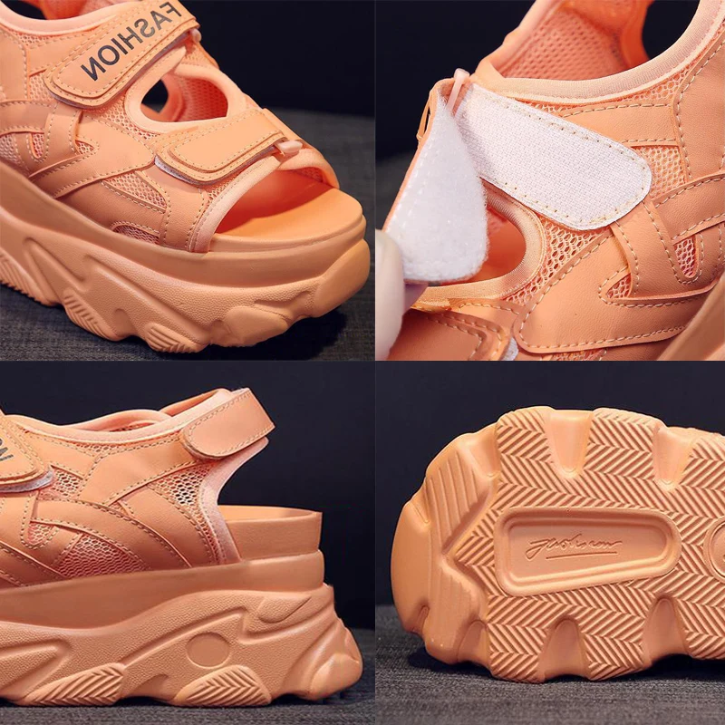 

Hook & Loop Platform Thick Bottom Rome Sandals Retro Peep Toe Hollow Out Comfortable Height Increasing Wedges Woman Shoes 8.5CM