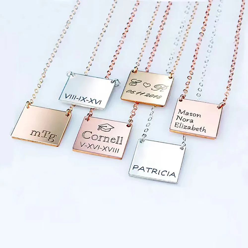 

HUHUI Custom Engraved Name Necklace With Square Pendant Stainless Steel Personalized Women Jewelry Anniversary Party Gift