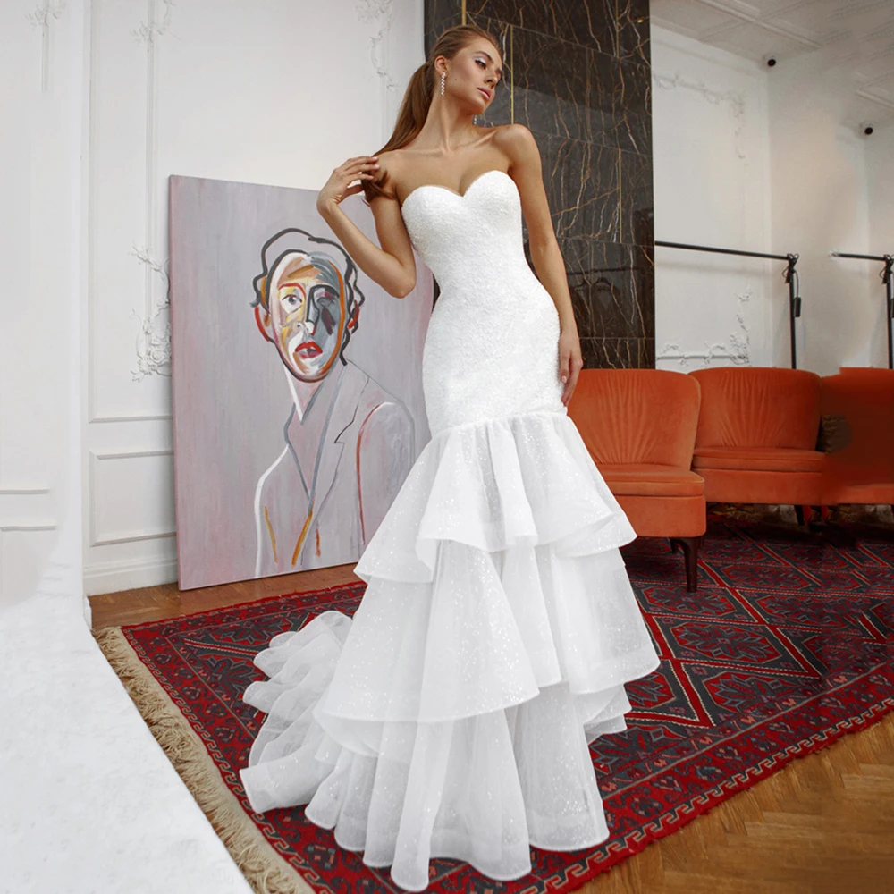 

Sweetheart Mermaid Sequined Wedding Dress Sleeveless Tiered Glitter Zipper Back Ruffles Bridal Gowns 2021 Vestidos De Noivas