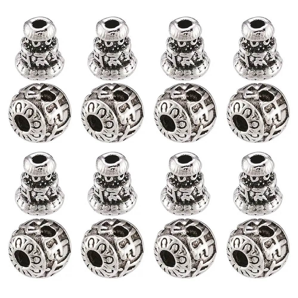 

Tibetan Style Alloy Beads Om Mani Padme Hum Round and Cone Antique Silver Color, 10x9mm, Hole: 3mm; 5~8x9mm, Hole: 2mm; 2pcs/set