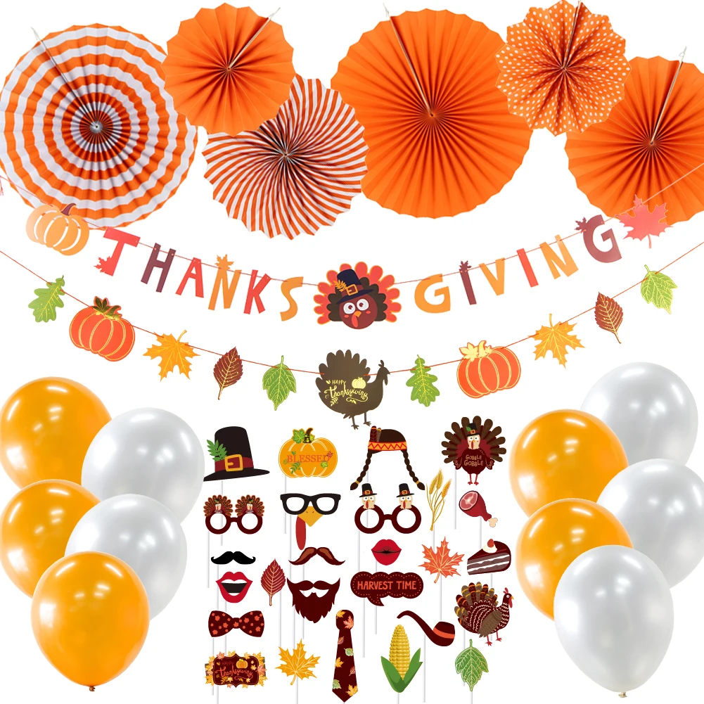 

Thanksgiving Party Decoration Supplies Kit Hanging Turkey Leaves Banner Paper Fans For Halloween Night Baby Shower Home Decor