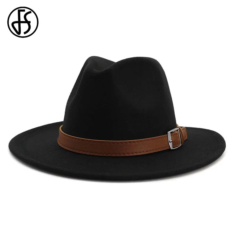 Мужская/Женская фетровая шляпа FS с широкими полями пряжкой и ремнем черного