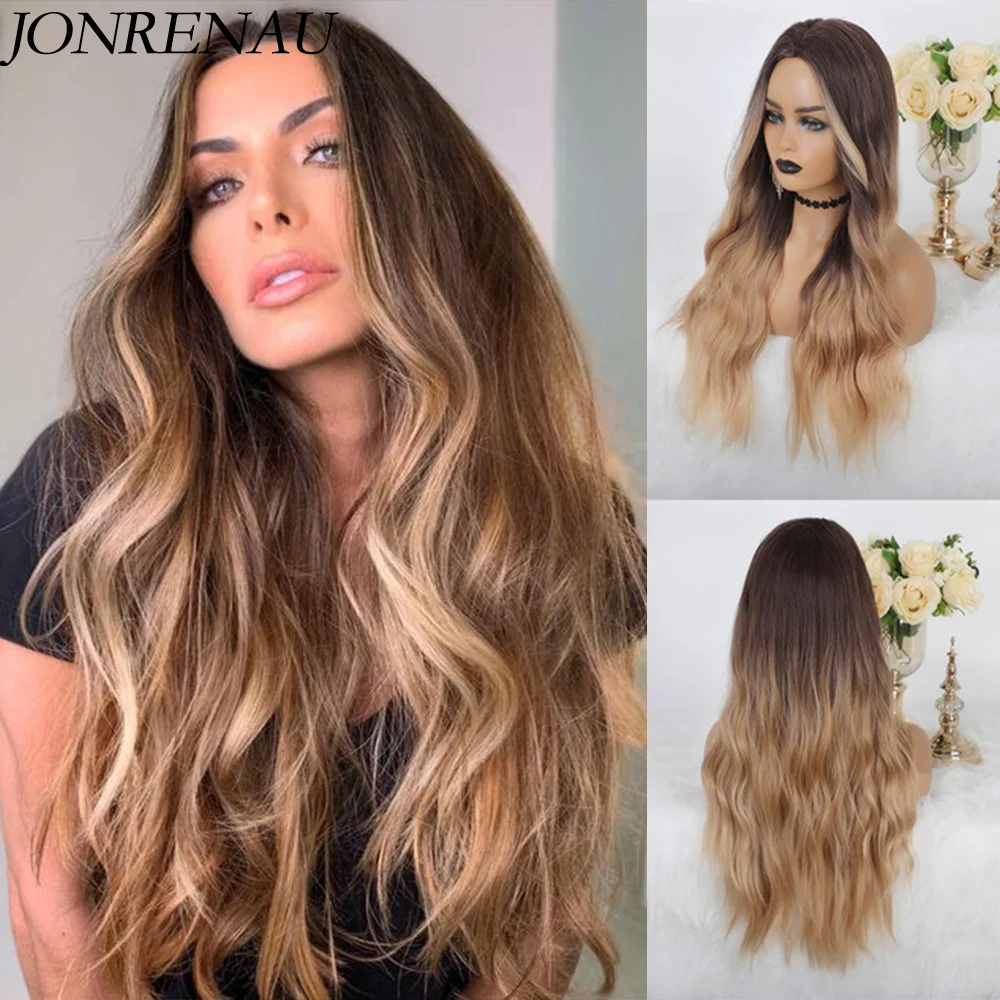 

JONRENAU Synthetic with Bangs Light Brown Mixed Blonde Long Natural Wave Hair Party Wigs for White/Black Women