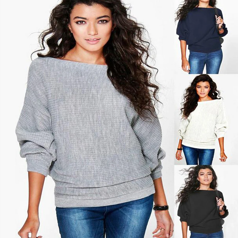 

Spring Loose Knitted Pullovers Sweater Tops Women Fashion O-Neck Long Sleeve Ladies Knitted Pullover Jumper Bat Wing Casual Top