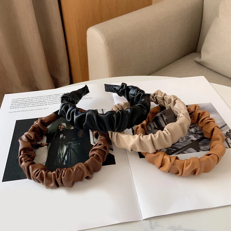 

Stylish Exquisite PU Leather Hairbands Folds Pattern Hair Hoop Simple Designer Headbands Ornament Accessories For Women