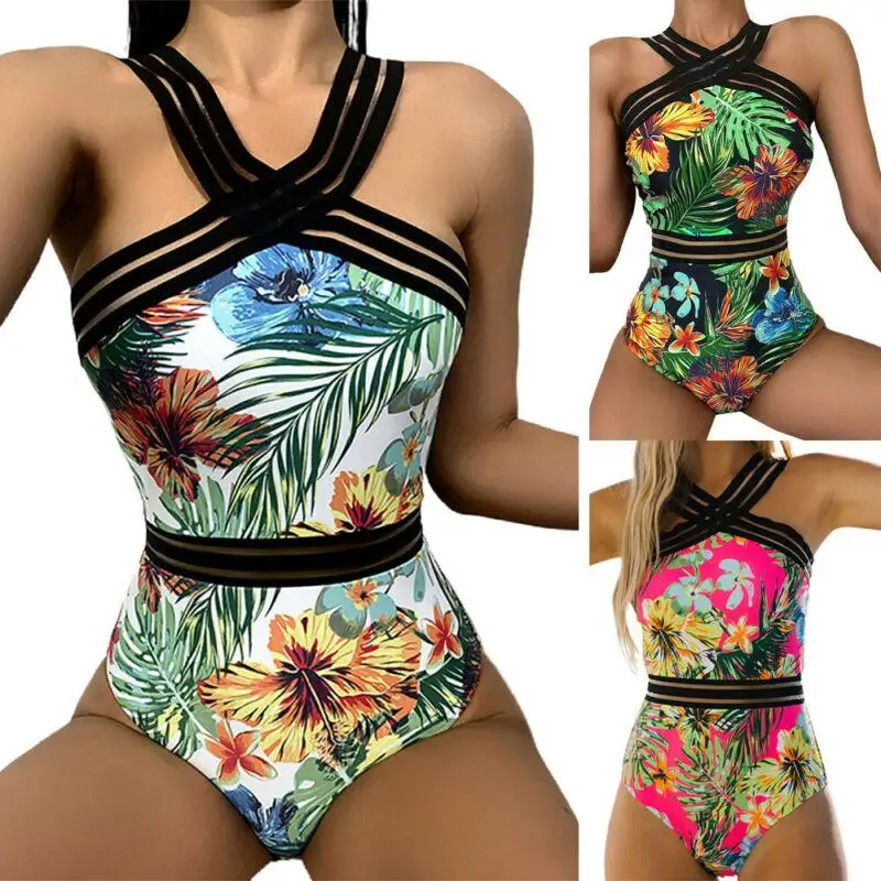 

Cross Halter Monokini Swimsuit Women Floral Printed Sexy Ladies Summer Patchwork Swimwear