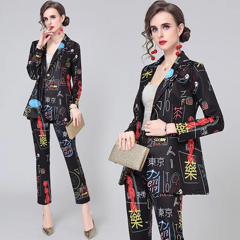 

Women Autumn White Black Japanese Graffiti Print Suit Office Notched Jacket Blazer&High Waist Straight Pencil Pants 2 Pieces Set