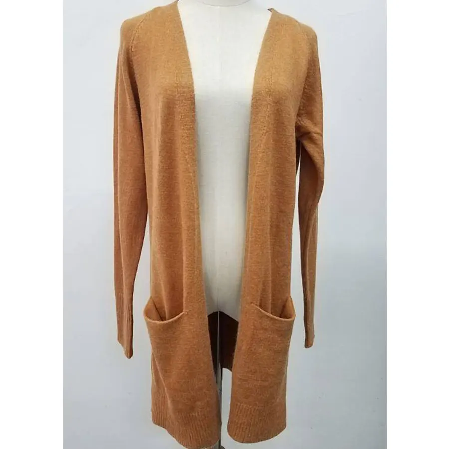 khaki Women's sweater long solid color large pocket knit cardigan sweater - Цвет: khaki