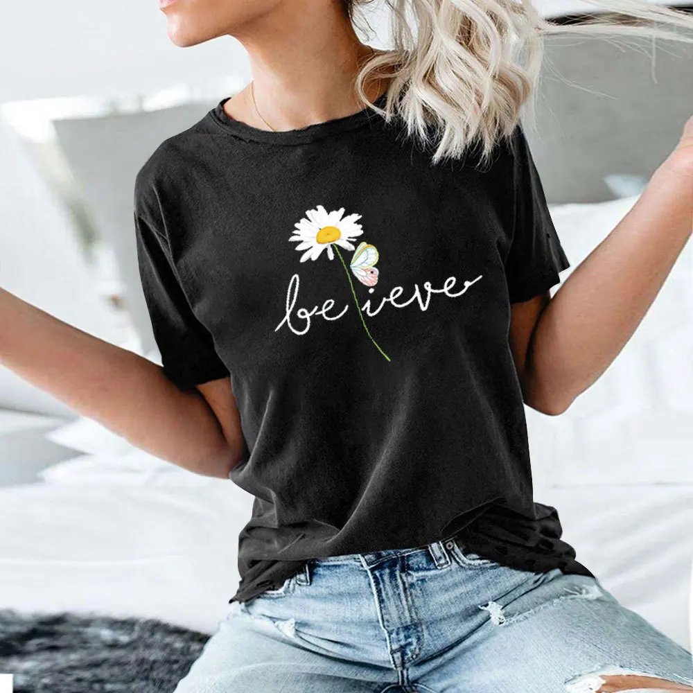 

Popular women's top Daisy butterfly letter print round neck short sleeve T-shirt